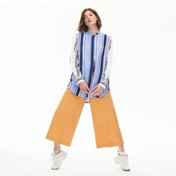 Lacoste Striped Long Flowing Shirt Dámské - Šortky Fialové / Bílé / Tmavě Blankyt Blankyt / Červené